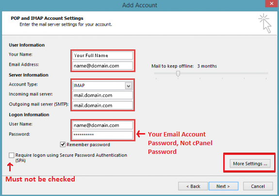 cpanel outlook email settings